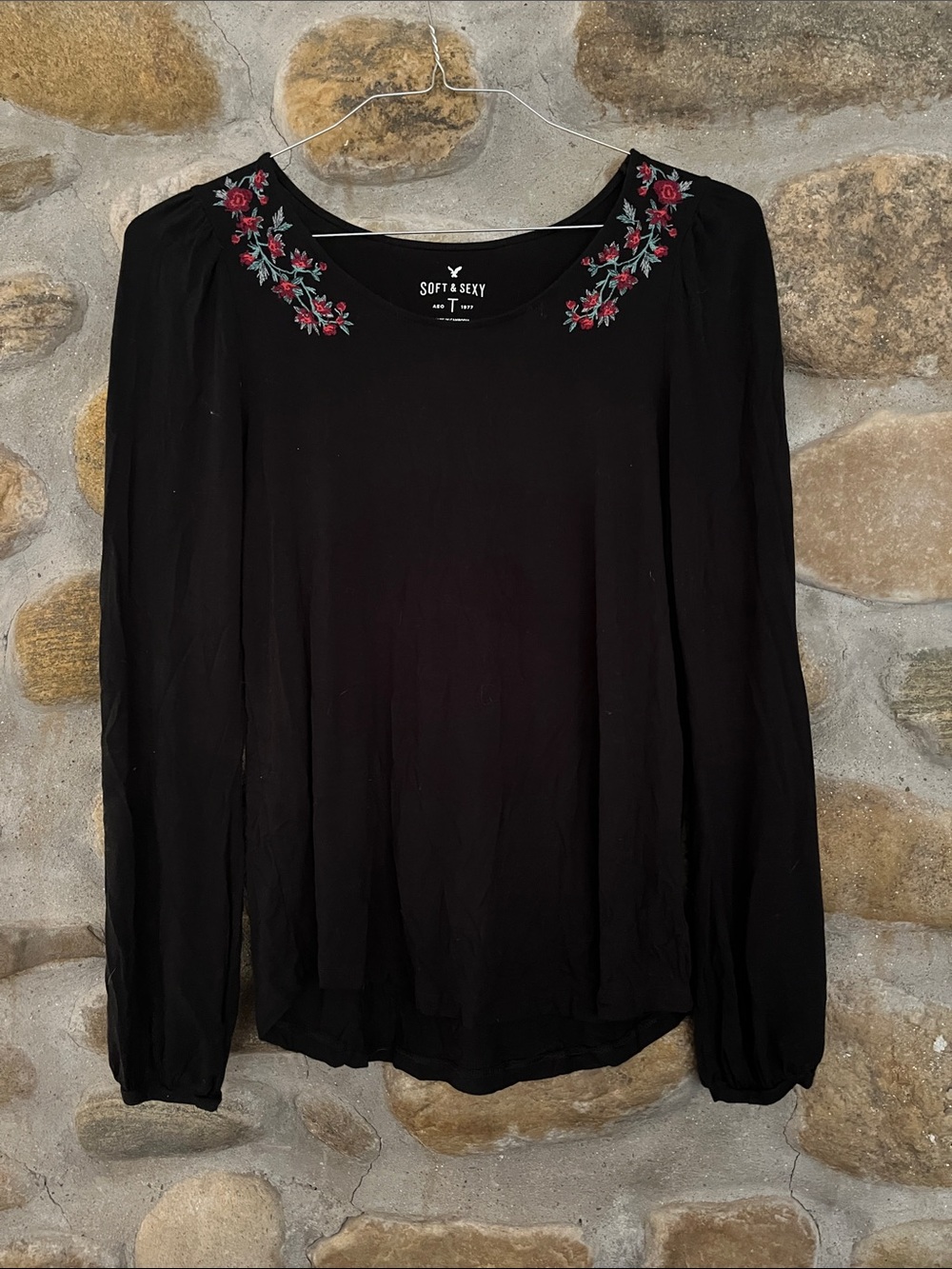 American Eagle Outfitters Black Long-Sleeve Tee with Red Rose Embroidery